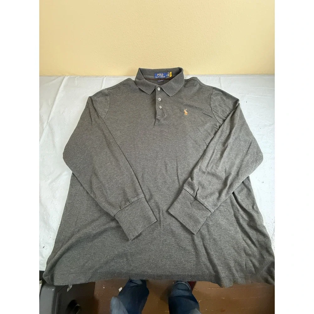 Polo Ralph Lauren Mens Gray Long Sleeve Polo Shirt Classic Fit Cotton Large